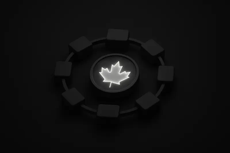 On a black background, a luminous maple-leaf coin sits within a circular chain of glowing blocks and subtle data sparks.