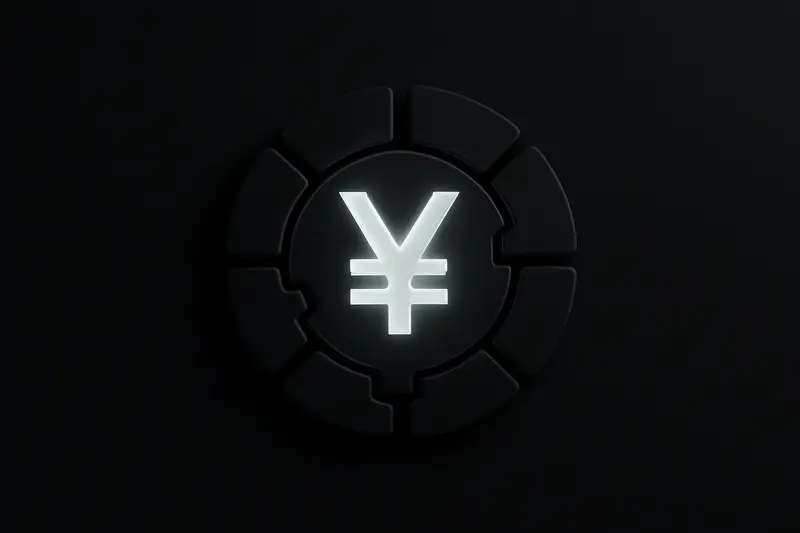 A luminous yen coin fractured into interlocking circuit-like tiles, hovering above dark gridlines with subtle blue blockchain glow.