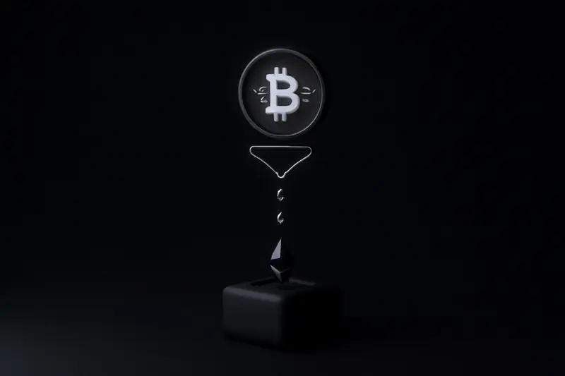 A dark metallic coin with neon circuit lines releases small glowing droplets into a grid-like ledger on black background.