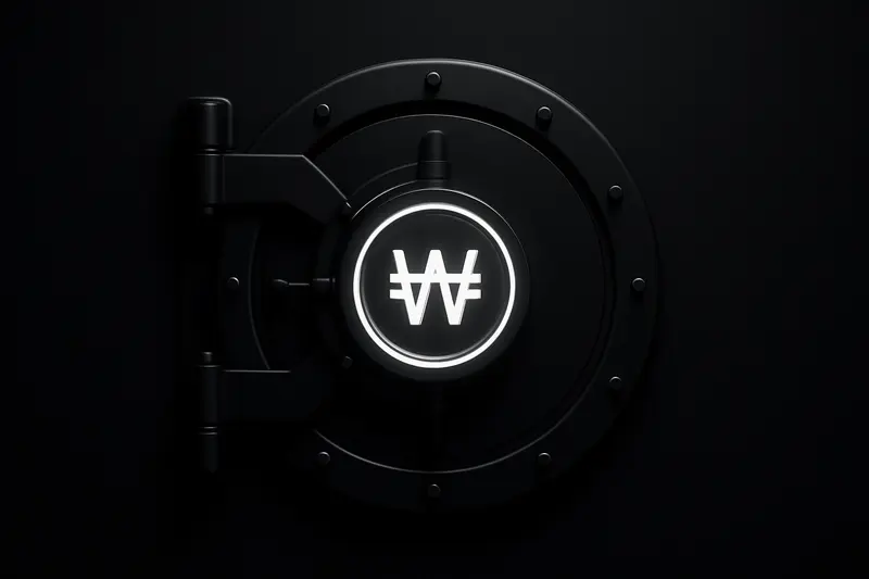 A luminous circular coin-like halo trapped within a matte-black vault lock, with faint circuit lines on a dark background.