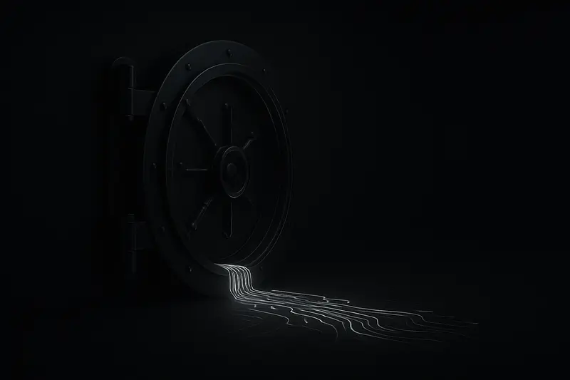A matte-black bank vault partially open, releasing a glowing blue circuit-river of light across a dark, minimal background.