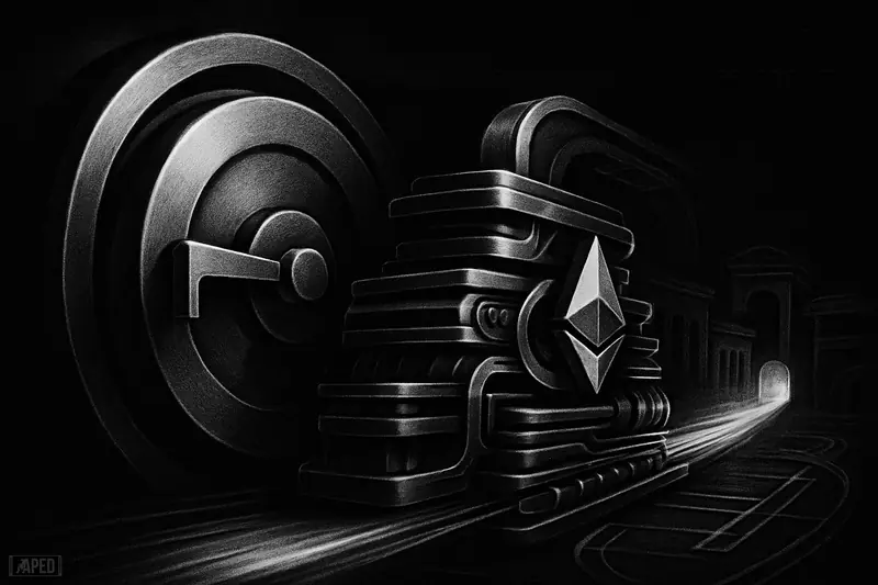 A futuristic grayscale vault machine opens a rapid withdrawal channel through dark blockchain rails against a nearly black grid background.