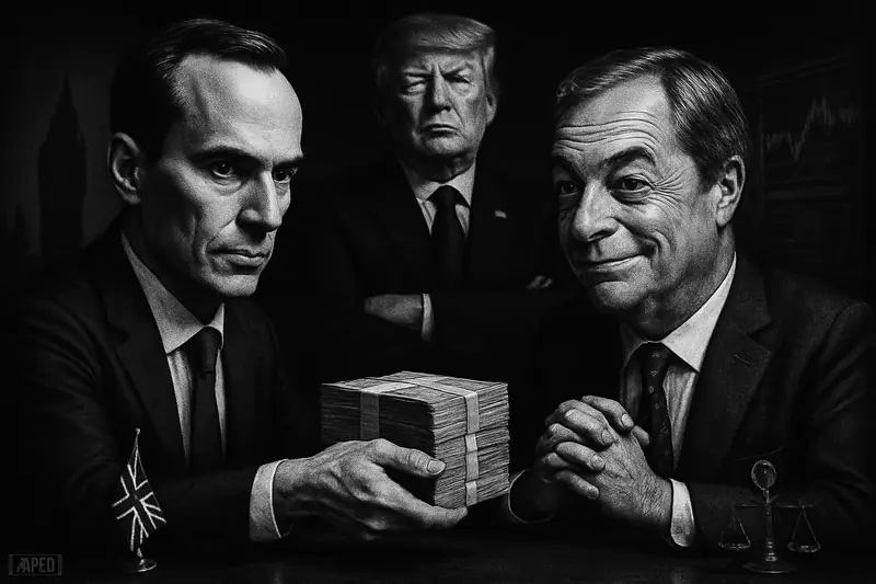 Ben Delo hands cash to Nigel Farage at a dark table while Donald Trump looms behind in a moody grayscale political-finance scene.