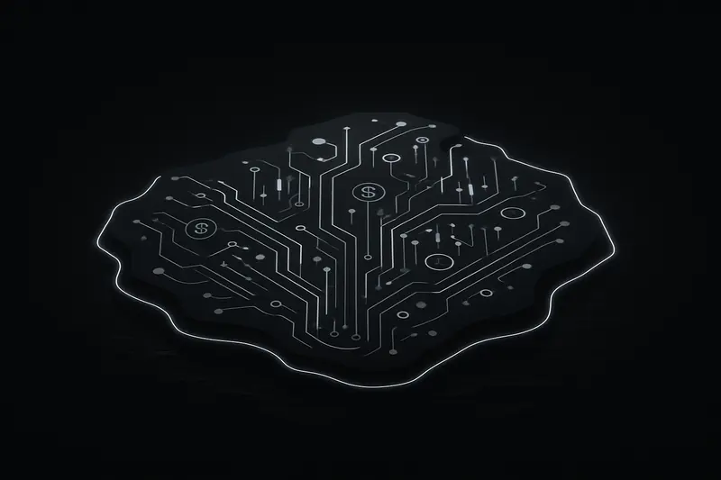 A dark island silhouette rimmed with luminous circuit traces, connected to floating nodes over a calm black ocean.