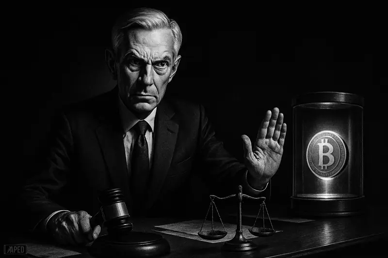 Scott Bessent stands sternly behind a desk, raising a stop hand toward a contained digital orb, with regulatory symbols in a dark grayscale setting.