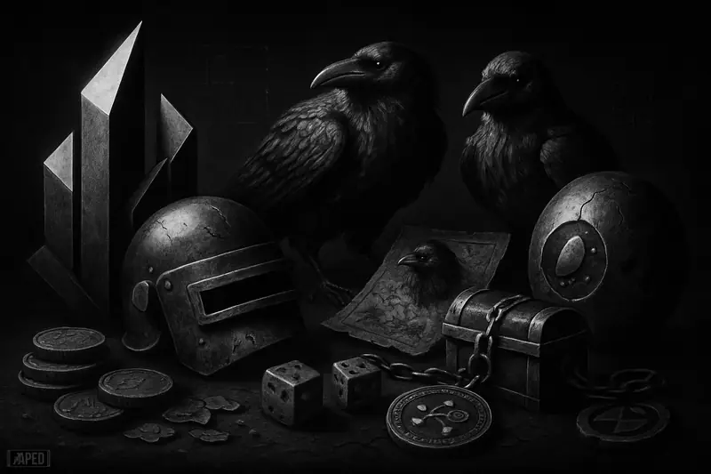 Photorealistic monochrome gaming relics and rival fantasy symbols on a dark tabletop, evoking NFT games, digital ownership, and survival after hype.