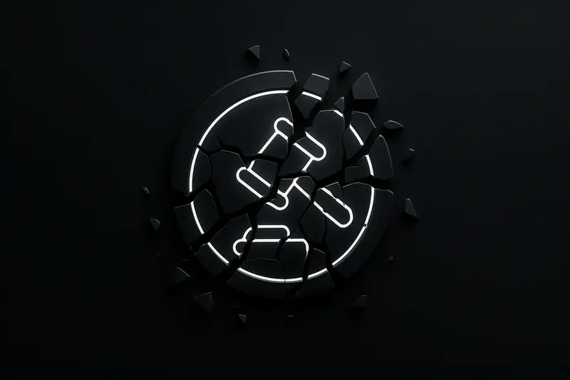 A glowing circular seal split by jagged cracks, scattering neon shards over a dark, smoky background with faint grid lines.
