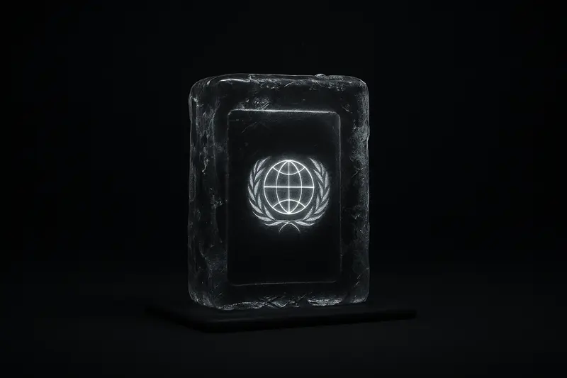 A dark passport silhouette with a neon geometric seal encased in translucent ice, faint circuit lines glowing behind it.