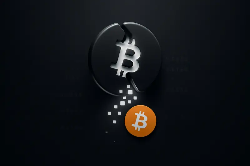 On a black background, a jagged mountain-like coin fractures, spilling neon-gold pixel fragments into a shadowy downward slope.