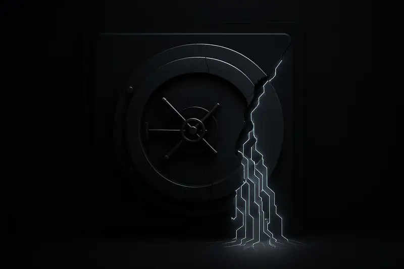 Cracked black marble bank vault door with thin neon-blue circuit lines leaking through onto a dark background
