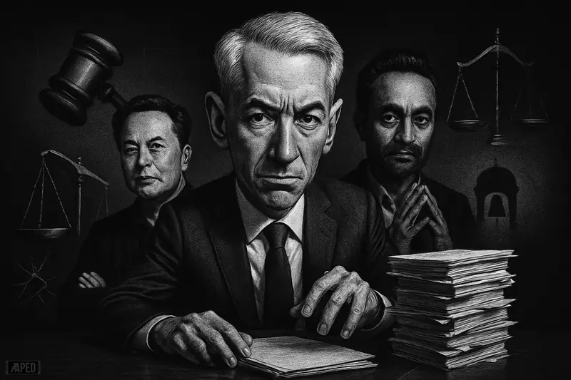 Bill Ackman sits tensely at a boardroom table as Elon Musk and Chamath Palihapitiya watch amid legal and governance symbols.