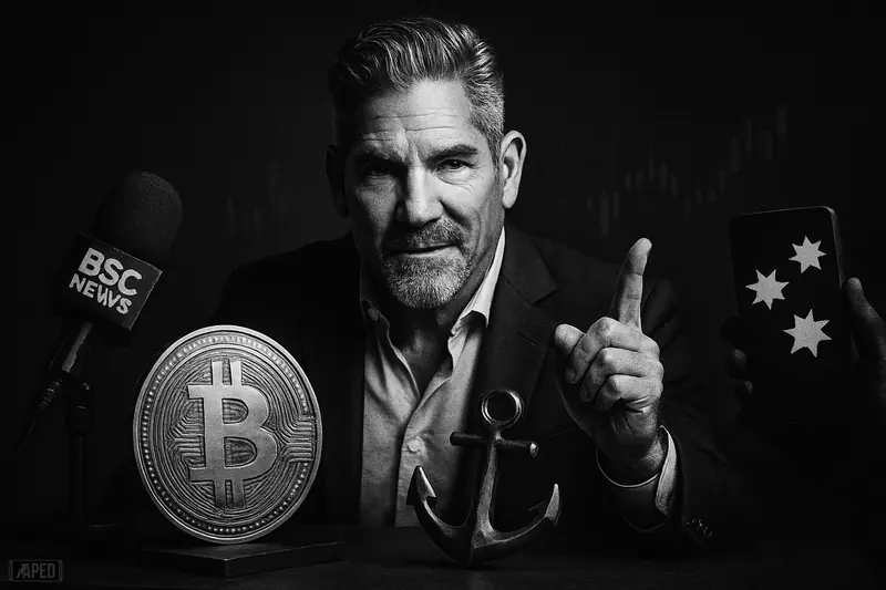 Grant Cardone in a grayscale, photorealistic caricature points upward beside a Bitcoin-like coin, media cameras, and an anchor on a dark data-grid backdrop.