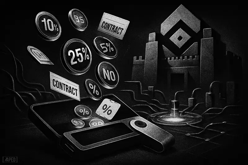 A dark crypto wallet opens into a casino-like prediction market scene beneath a looming exchange fortress and faint data-grid background.
