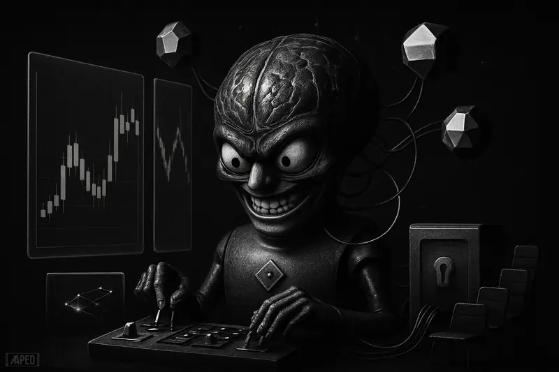 A moody grayscale scene of a brainy trading machine running AI strategies, with exchange motifs, market charts, and connected LLM cores.