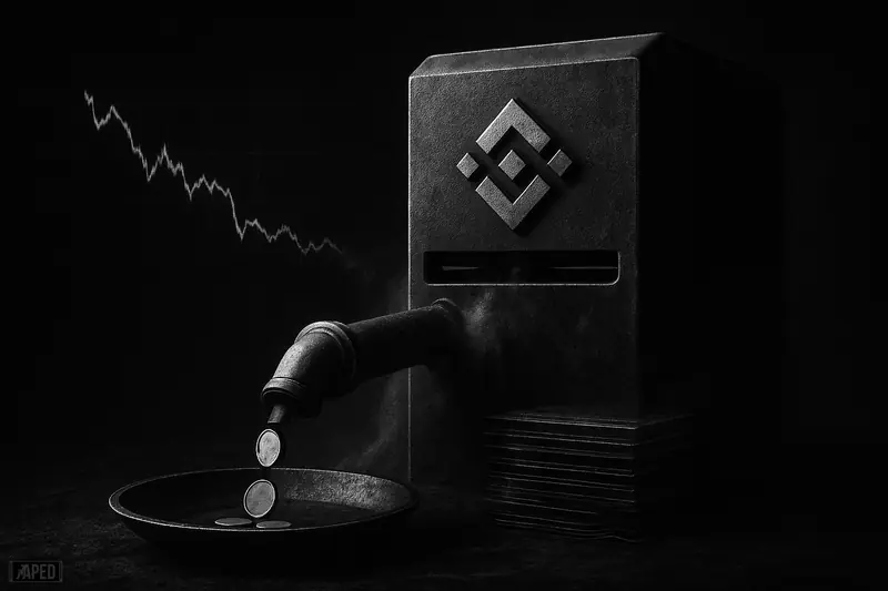 A stern exchange machine with a diamond emblem drips a few blank coins into an empty basin under a volatile waveform on a dark grid.