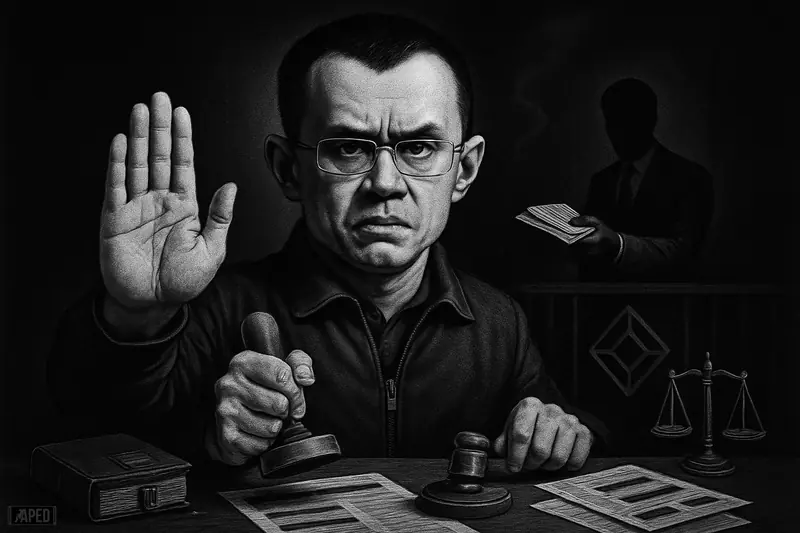 CZ raises a stop hand at a shadowy broker offering cash, with compliance props and a dark data-grid backdrop in grayscale.