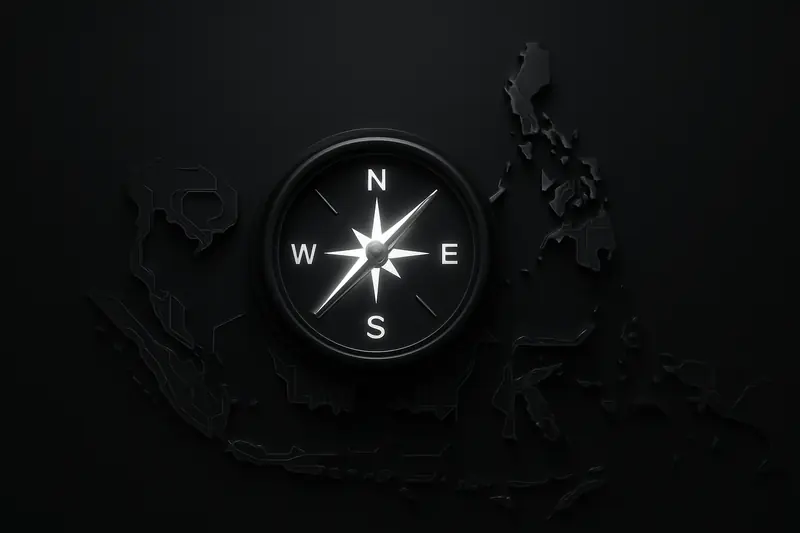 Neon compass hovering above a dark circuit-board map of island clusters, with five small glowing nodes connected by thin lines.