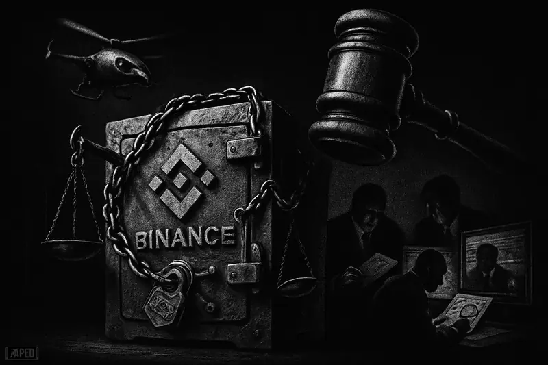 A chained crypto vault under a judge’s gavel, watched by stern investigators in a dark grayscale surveillance room.