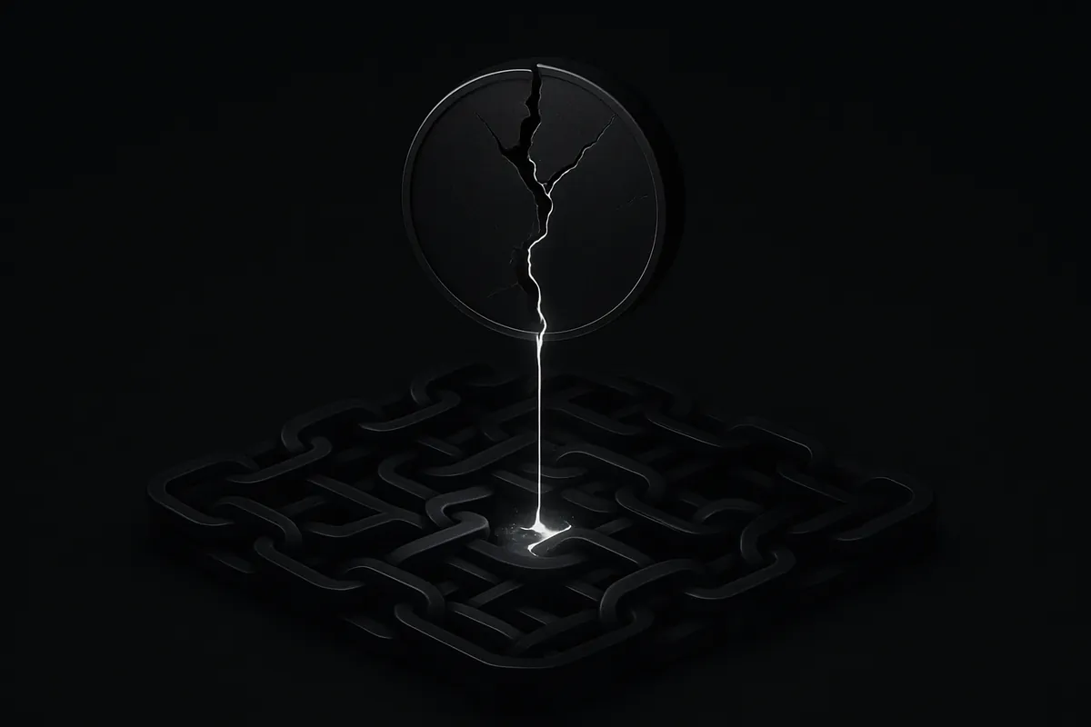 Cracked black coin oozing neon liquid into an interlocking chain labyrinth on a dark, smoky background.