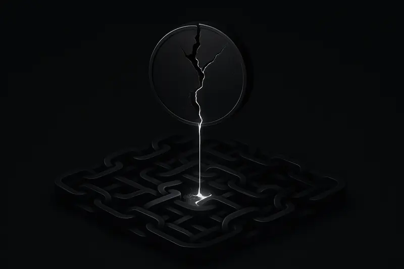 Cracked black coin oozing neon liquid into an interlocking chain labyrinth on a dark, smoky background.