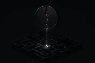 Cracked black coin oozing neon liquid into an interlocking chain labyrinth on a dark, smoky background.