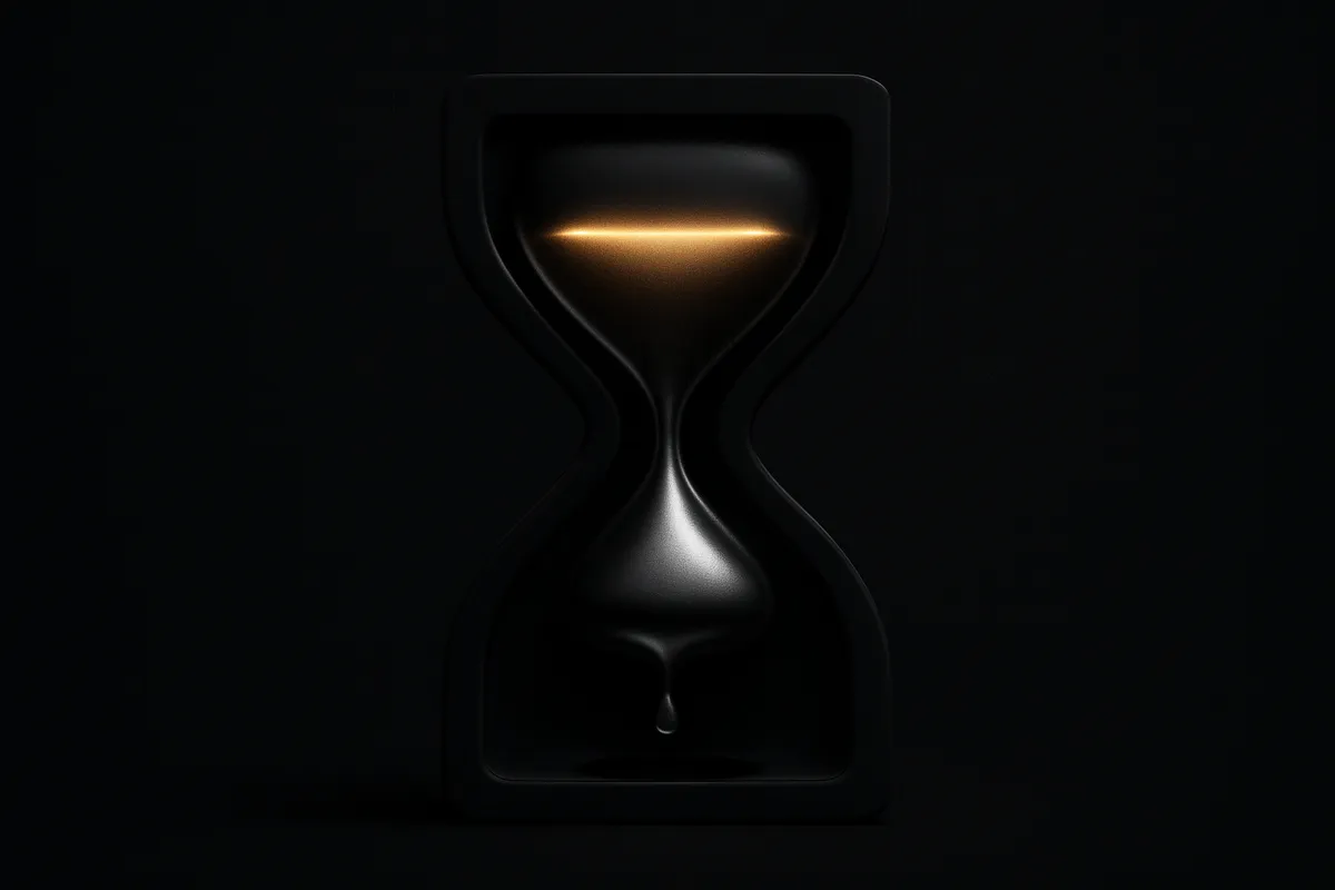 A dark hourglass made of molten gold and silver, with bright silver grains spilling onto a black, futuristic surface.