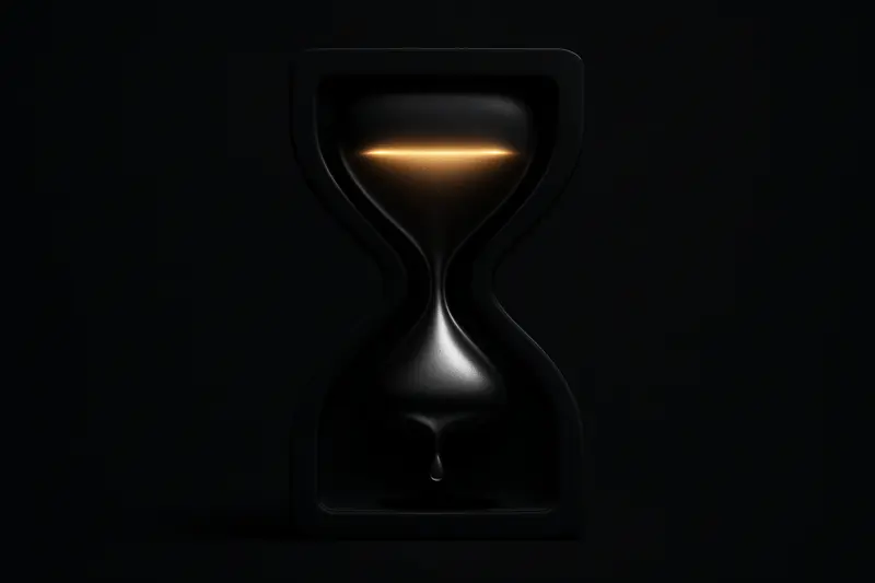 A dark hourglass made of molten gold and silver, with bright silver grains spilling onto a black, futuristic surface.