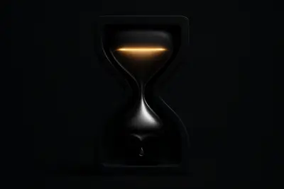 A dark hourglass made of molten gold and silver, with bright silver grains spilling onto a black, futuristic surface.