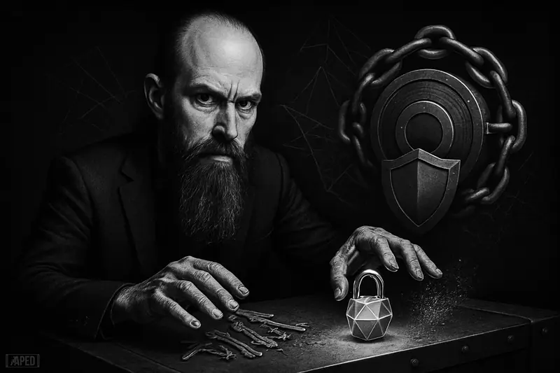 Jameson Lopp looms over a vault workstation, presenting a crystal lock as old keys crumble, surrounded by chains and quantum-like lattice patterns.