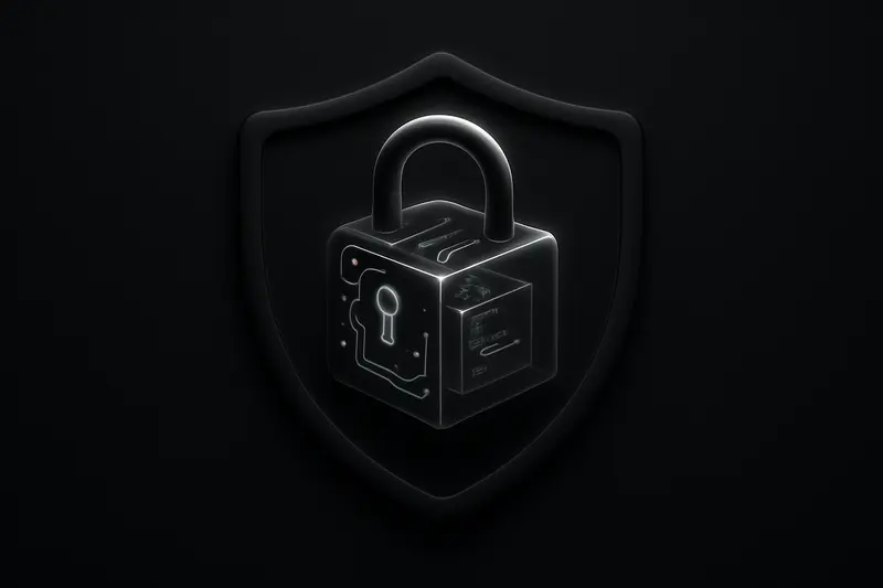 Glowing padlock formed from circuit lines surrounds a translucent cube of geometric code blocks on a black background.