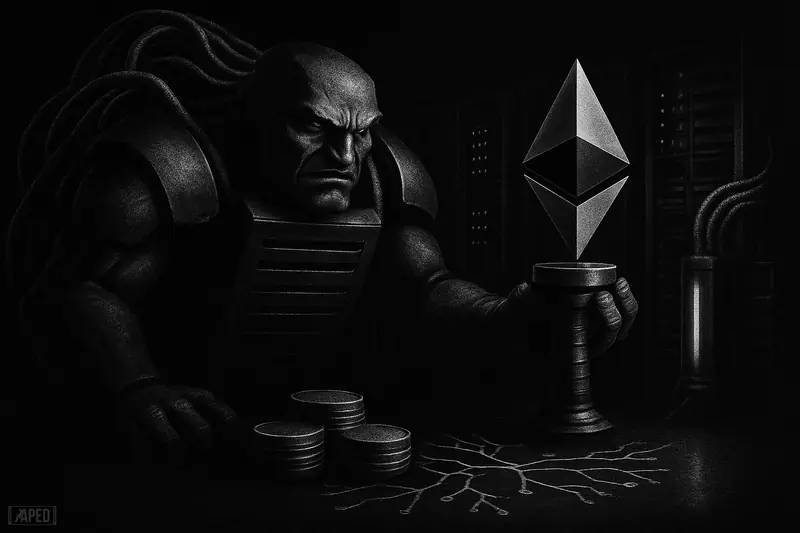 A server-like mechanical beast supports a fiber-optic tower amid HPC racks and staking-inspired nodes in a dark monochrome scene.