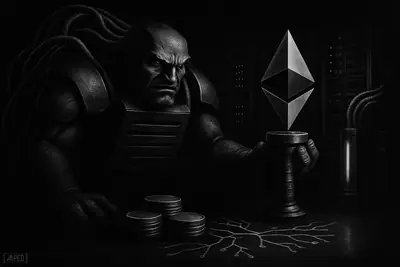 A server-like mechanical beast supports a fiber-optic tower amid HPC racks and staking-inspired nodes in a dark monochrome scene.