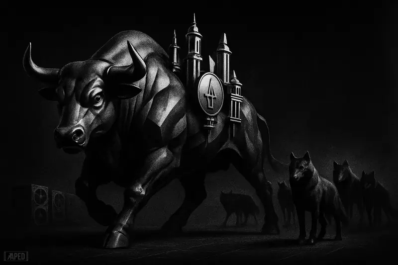 A metallic bull advances through darkness as validator towers rise behind it and shadowy financial wolves circle near abandoned mining rigs.