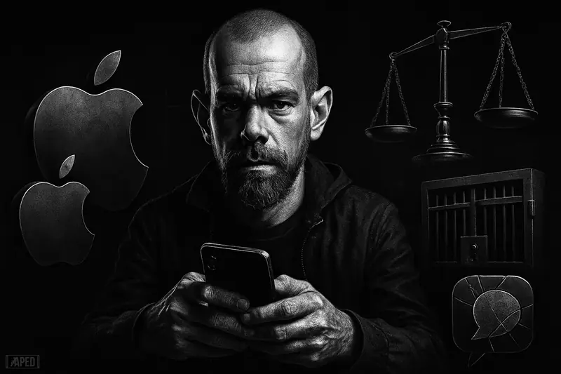 Jack Dorsey sits tensely as a phone slips from his hands, framed by a dark apple-shaped monolith, scales, gavel, and surveillance motifs.