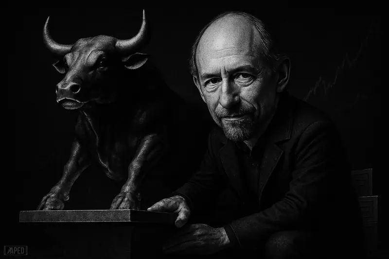 Adam Back crouches beside a powerful stone bull, reinforcing a heavy support slab in a dark grayscale financial cover scene.