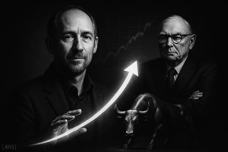 Adam Back stands confidently beside a skeptical Charlie Munger as a shadowy bull and rising market arc suggest Bitcoin’s strengthening long-term support.