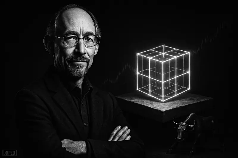 Adam Back stands confidently over a rising stone foundation, with a shadowy bull and data-grid backdrop in a dark monochrome scene.