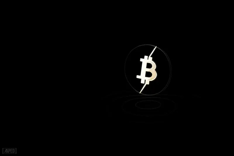 A glowing cracked coin hovers above dark rippling waves beneath stormy circular shadows on a black background