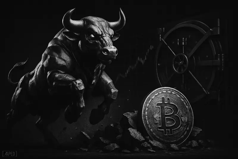 A metallic bull-like beast charges upward before vaults and market machinery in a dark grayscale scene suggesting Bitcoin optimism.