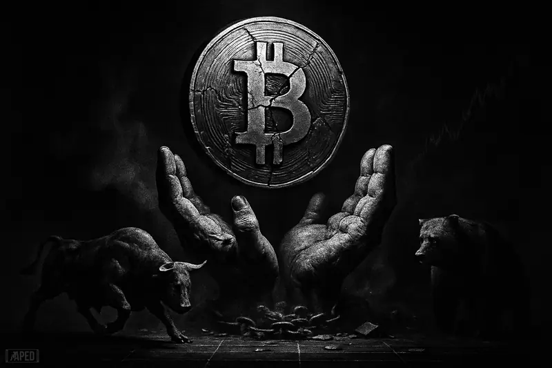 A monochrome Bitcoin emblem rises over a tense ceasefire scene, with a guarded bull and shadowed bear in a dark market atmosphere.