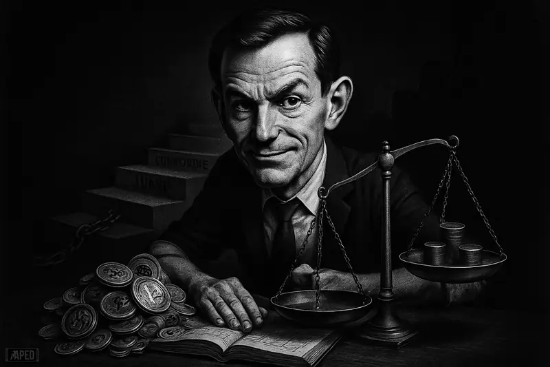 Jeff Walton caricature in a dark suit weighs a bitcoin hoard on a scale beside an open ledger and a rising rating staircase.