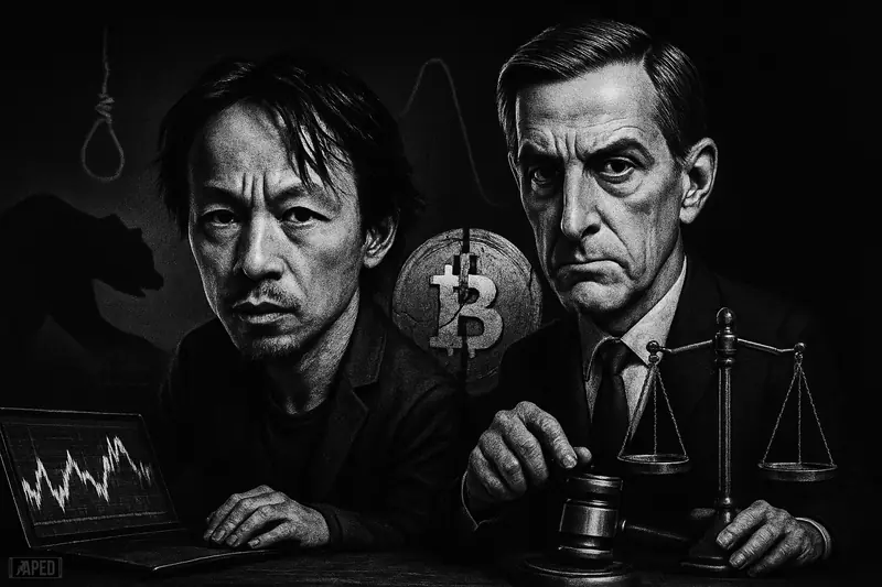 Willy Woo and Kevin Warsh caricatures loom over fragile crypto market symbols as dark Fed risk and pullback tension fill a grayscale scene.