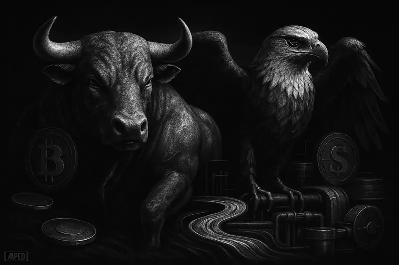 A grayscale bull and eagle stride together through dark liquidity pipes and vault rails, symbolizing Bitcoin and the dollar’s intertwined financial relationship.