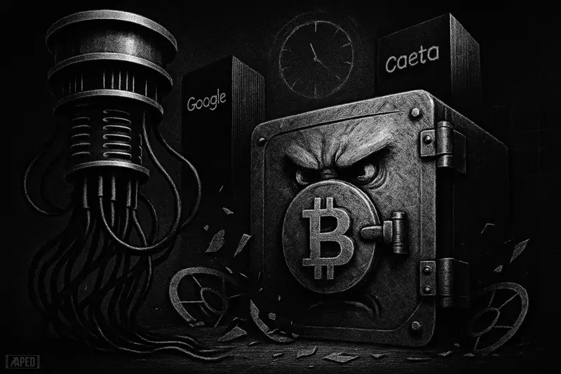 A threatening quantum machine faces a battered crypto vault, flanked by dark server towers in a tense monochrome futuristic scene.