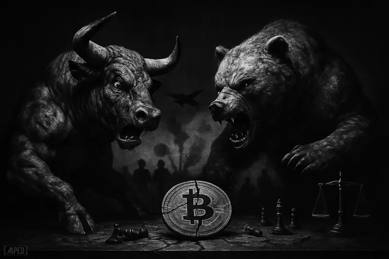 A grayscale bull and bear clash over a cracked symbolic Bitcoin on a war table, with military silhouettes and dark geopolitical tension behind them.