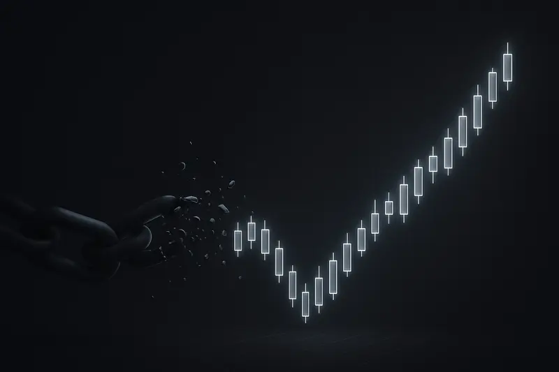 Broken steel chain fragments fading into glowing green candlesticks rising across a dark, smoky background.