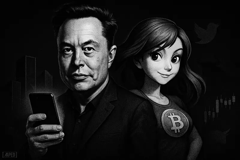 Elon Musk smirks while presenting a phone, with a lifelike Bitcoin anime girl beside him against a dark data-grid financial backdrop.