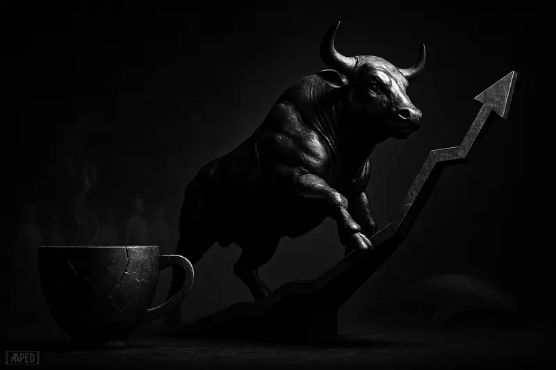 A tense grayscale bull struggles up a fragile breakout ramp above a cracked cup-and-handle pattern in a dark data-grid setting.