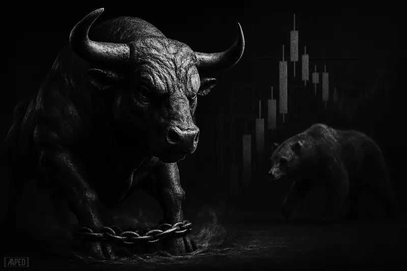 A tense metallic bull and a smoky hesitant bear stand trapped in a narrow market corridor against a dark gridded background.