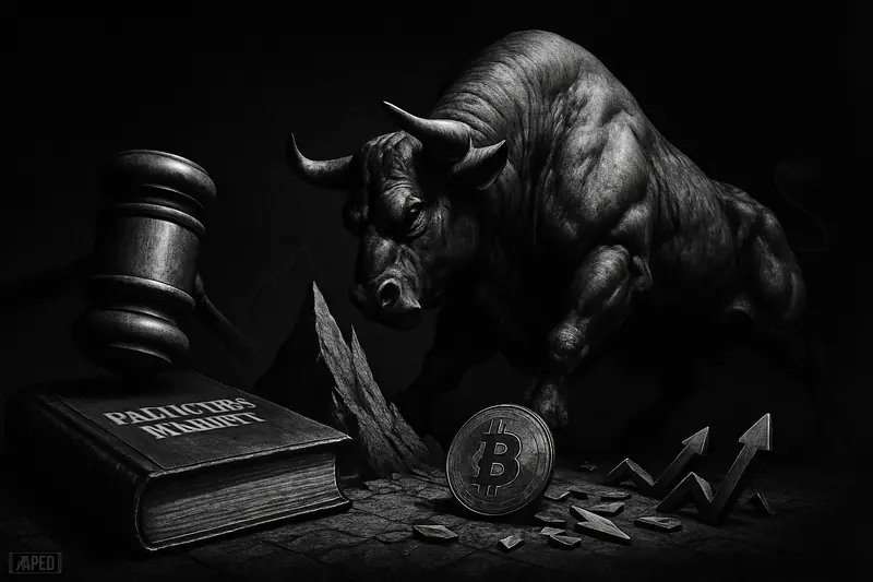 A powerful bull stops short of a peak as a gavel seals a failed bitcoin prediction in a dark grayscale market scene.